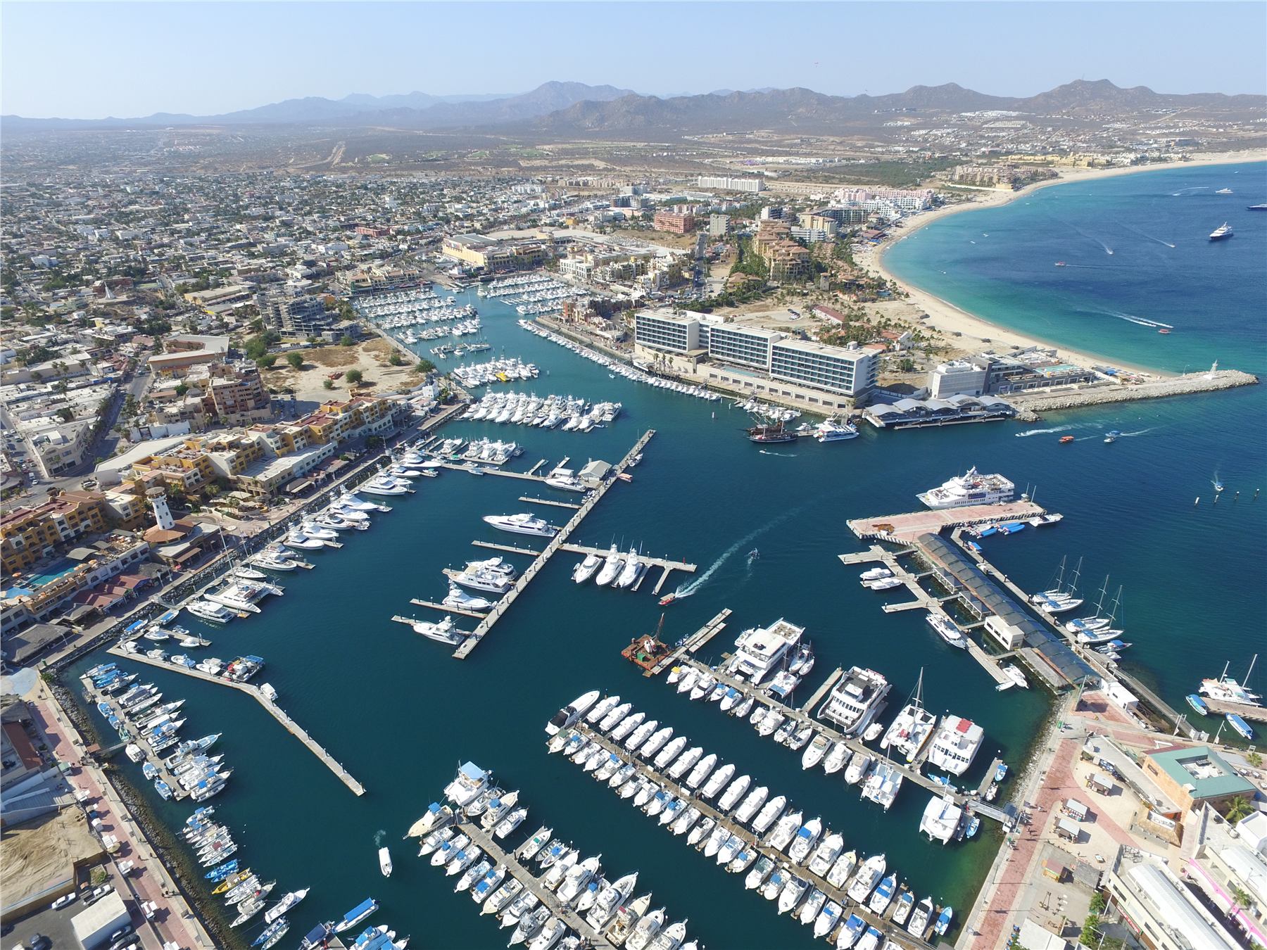 Aerial drone image of marina and coastline for marketing